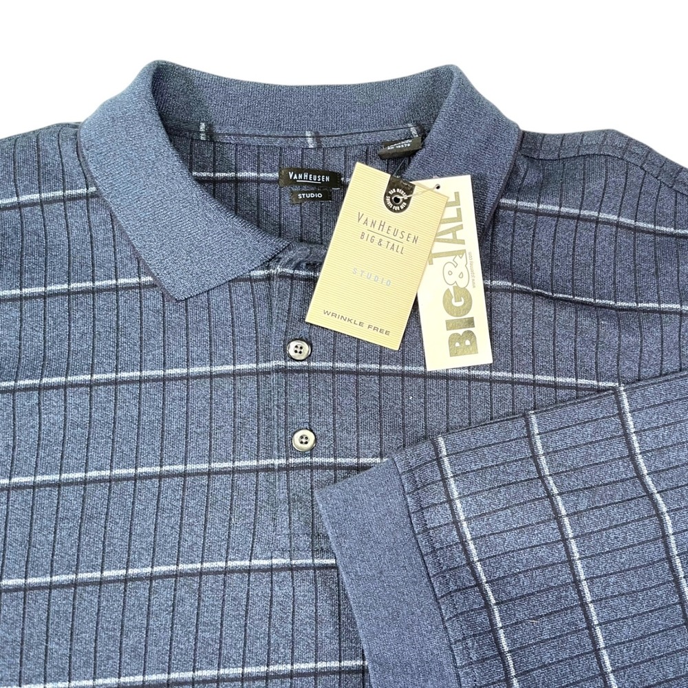 NEW Van Heusen 2XLT Blue Striped Long Sleeve Polo Shirt Studio Wrinkle Free
